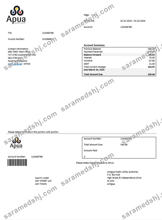 ANTIGUA AND BARBUDA APUA business utility bill Word and PDF template